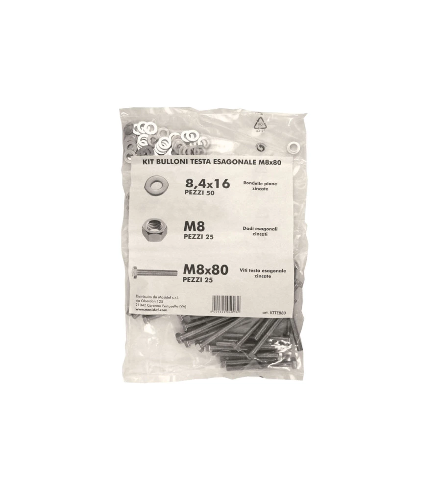 KIT VITI TESTA ESAGONALE M8 X 80 + DADI + RONDELLE - 100 PZ.