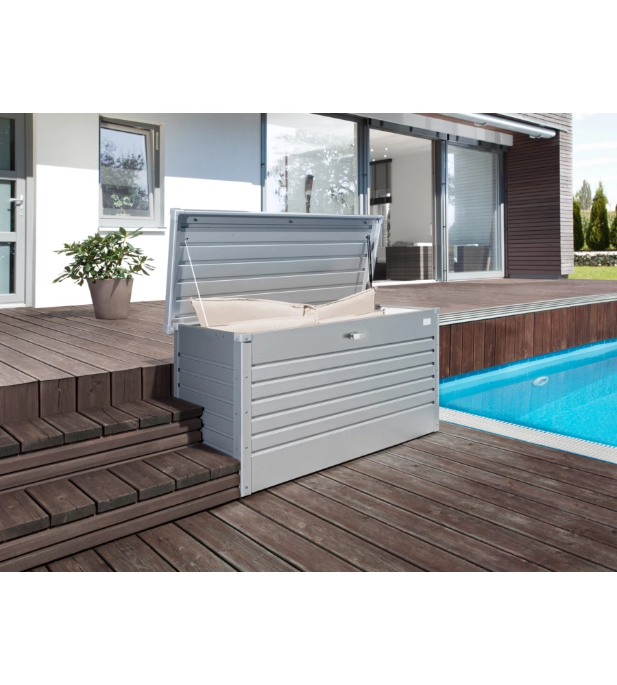 BAULE DA ESTERNO IMPERMEABILE BIOHORT "130" IN ACCIAIO ZINCATO ARGENTO METALLIZZATO 460 LT 134X62X71 CM - COD. 64040