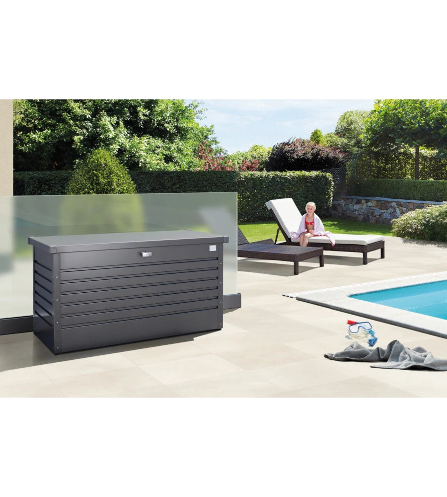 BAULE DA ESTERNO IMPERMEABILE BIOHORT "130" IN ACCIAIO ZINCATO GRIGIO SCURO METALLIZZATO 460 LT 134X62X71 CM - COD. 65040