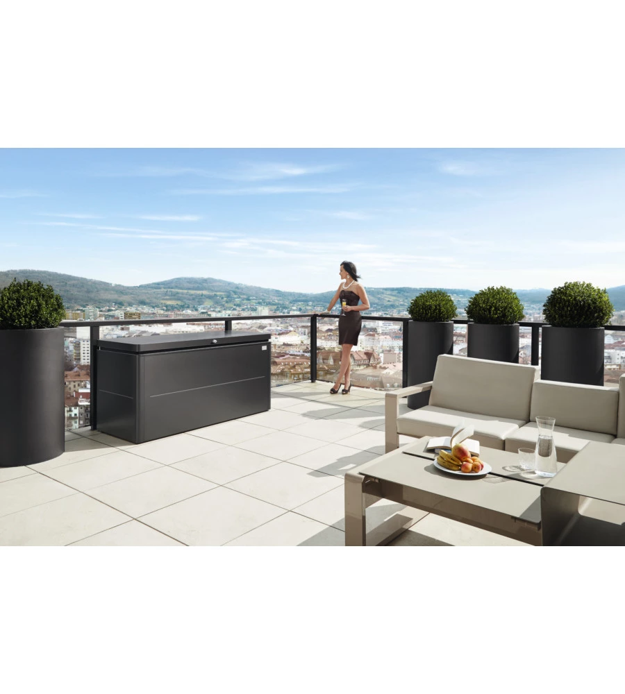 BAULE DA ESTERNO IMPERMEABILE BIOHORT "LOUNGEBOX 160" IN ACCIAIO ZINCATO GRIGIO SCURO METALLIZZATO 850 LT 160X70X83,5 CM - COD. 65065