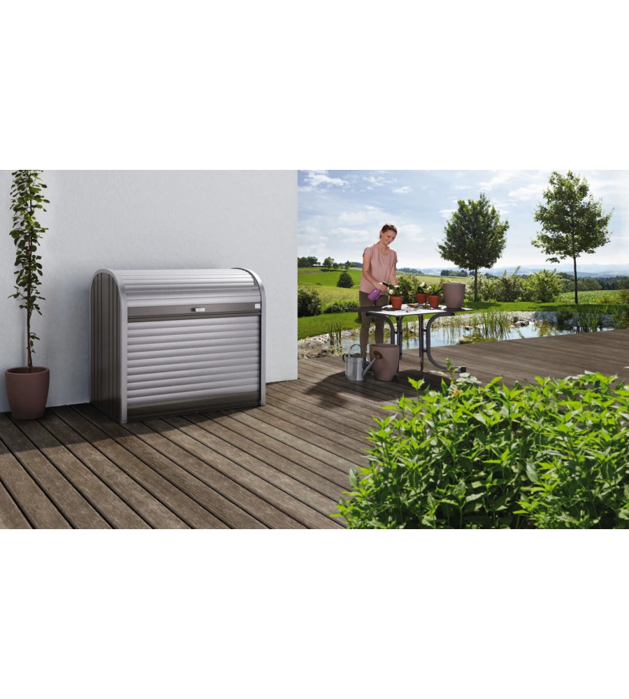 BAULE DA ESTERNO A SERRANDE IMPERMEABILE BIOHORT "STOREMAX 190" IN ACCIAIO ZINCATO GRIGIO QUARZO METALLIZZATO 2080 LT 190X97X136 CM - COD. 70020