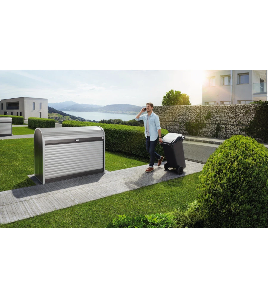 BAULE DA ESTERNO A SERRANDE IMPERMEABILE BIOHORT "STOREMAX 160" IN ACCIAIO ZINCATO GRIGIO SCURO METALLIZZATO 1200 LT 163X78X120 CM - COD. 73010