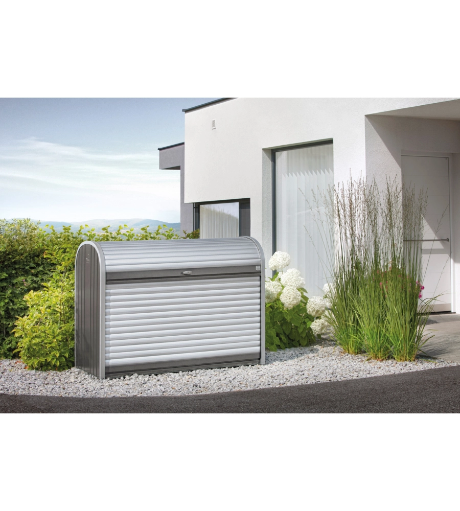 BAULE DA ESTERNO A SERRANDE IMPERMEABILE BIOHORT "STOREMAX 120" IN ACCIAIO ZINCATO GRIGIO SCURO METALLIZZATO 740 LT 117X73X109 CM - COD. 73060