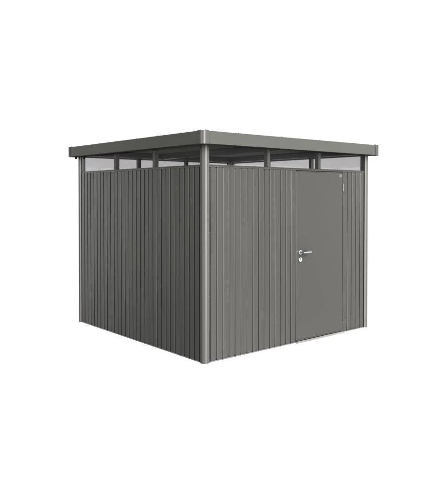 CASETTA DA GIARDINO BIOHORT "HIGHLINE H4" IN ACCIAIO ZINCATO COLORE GRIGIO QUARZO METALLIZZATO CON PORTA BATTENTE SEMPLICE 275X275X222 CM - COD. 88050