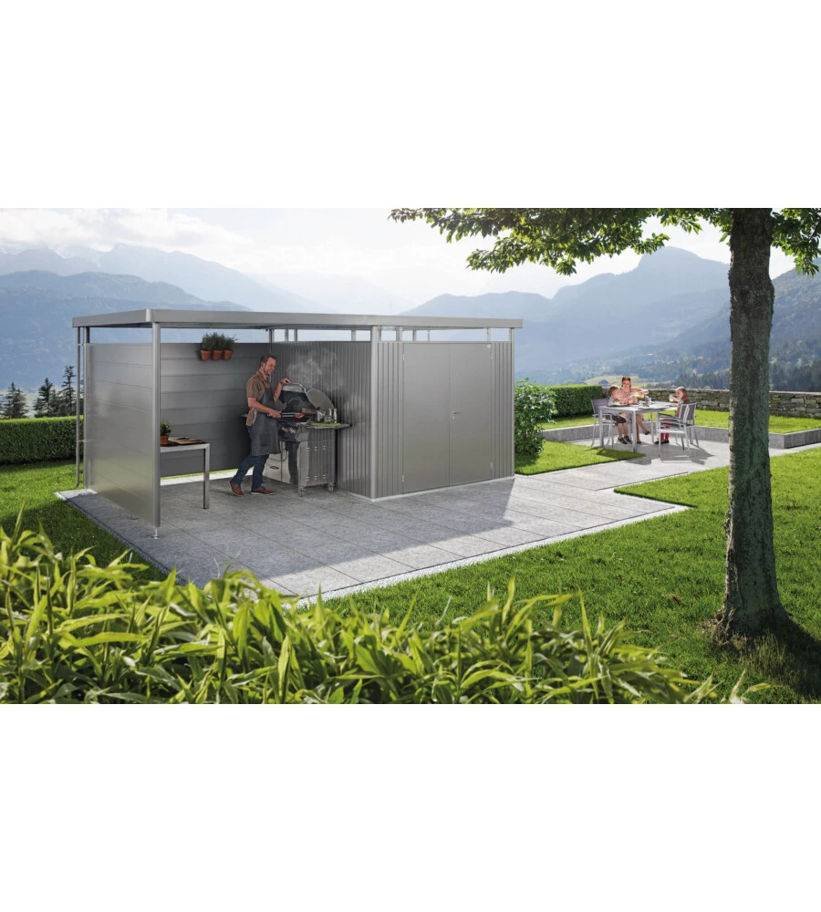 CASETTA DA GIARDINO BIOHORT "HIGHLINE H4" IN ACCIAIO ZINCATO COLORE GRIGIO QUARZO METALLIZZATO CON PORTA BATTENTE DOPPIO 275X275X222 CM - COD. 88059