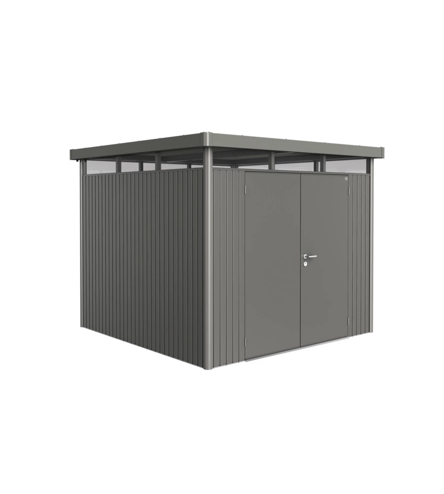 CASETTA DA GIARDINO BIOHORT "HIGHLINE H4" IN ACCIAIO ZINCATO COLORE GRIGIO QUARZO METALLIZZATO CON PORTA BATTENTE DOPPIO 275X275X222 CM - COD. 88059