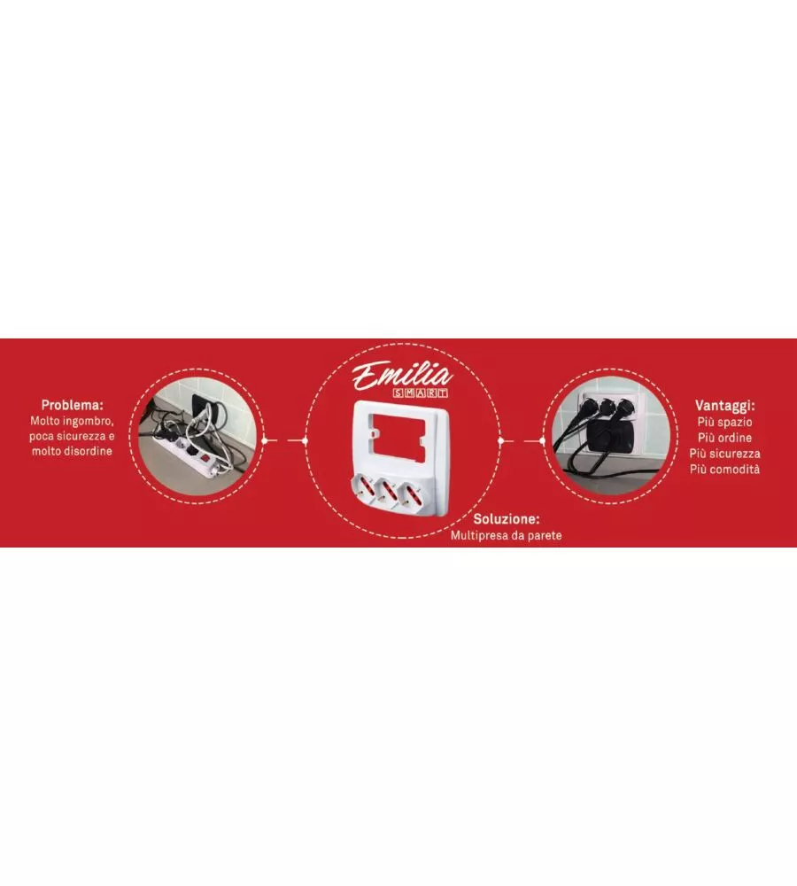 PRESA MULTIPLA DA PARETE "EMILIA SMART" CON 4 PRESE BIVALENTI 10/16A - NERA.