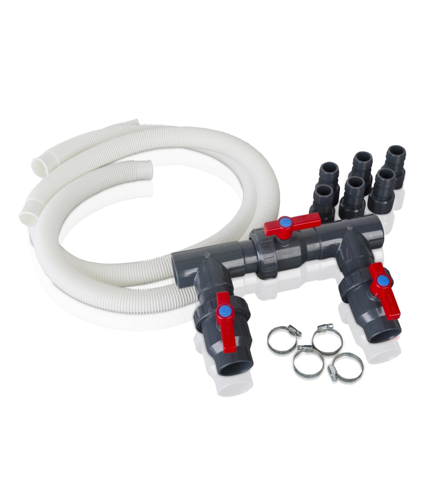 KIT BYPASS GRE 3 VALVOLE DI APERTURA/CHIUSURA + 2 TUBI FLEX + 6 ADATTATORI + 4 FASCETTE PER PISCINA