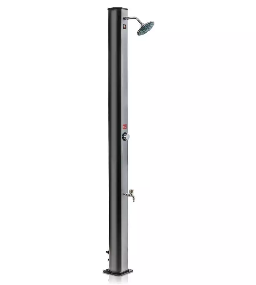 GRE - DOCCIA SOLARE IN PVC NERO CON STRISCIA ARGENTATA CON RUBINETTO LAVAPIEDI - 35 LITRI.