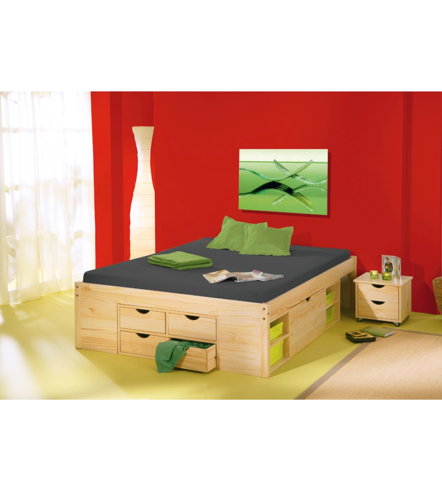 Letto matrimoniale con contenitori e comodini estraibili "Claas" color legno 140x200 cm