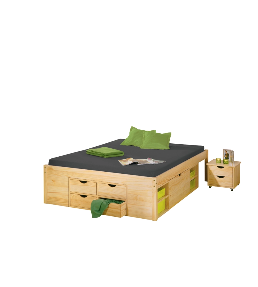 Letto matrimoniale con contenitori e comodini estraibili "Claas" color legno 140x200 cm