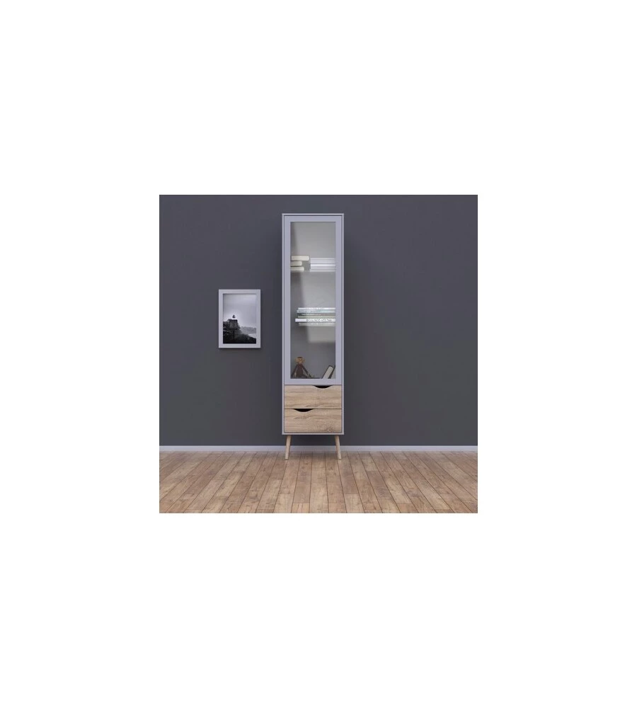 MOBILE VETRINA "OSLO" CON 1 ANTA IN VETRO E 2 CASSETTI COLORE BIANCO E ROVERE