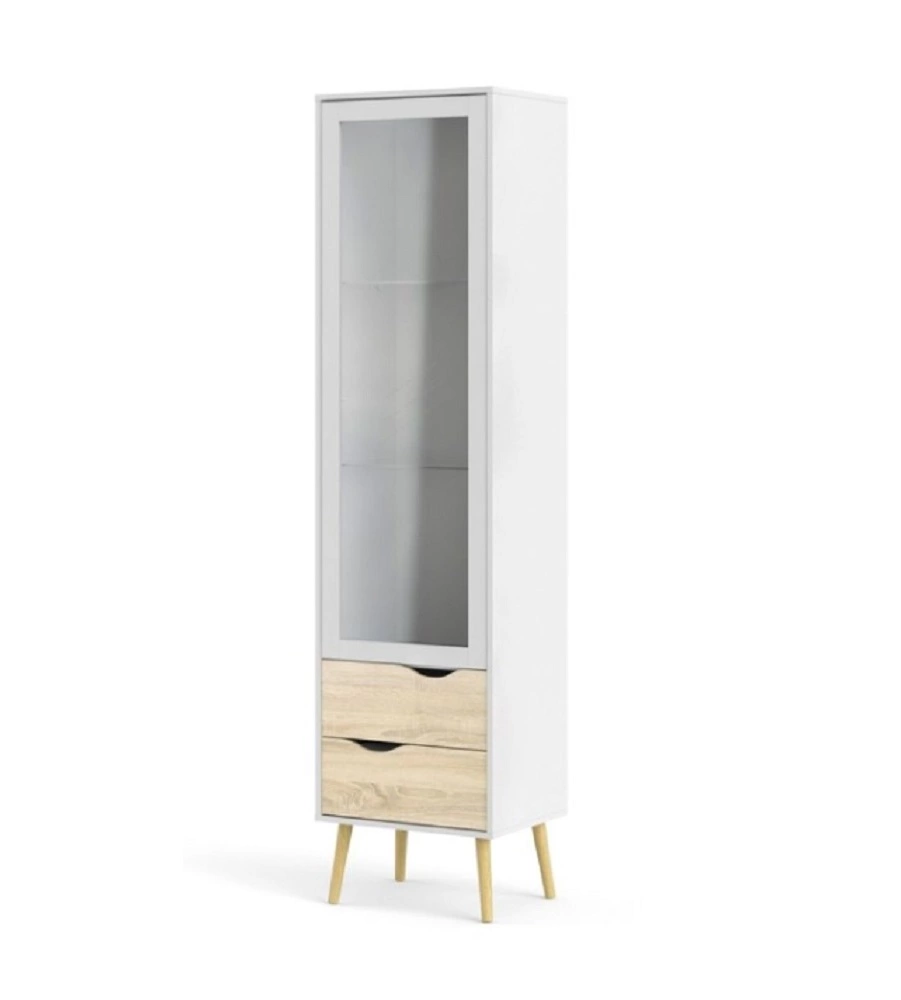 MOBILE VETRINA "OSLO" CON 1 ANTA IN VETRO E 2 CASSETTI COLORE BIANCO E ROVERE