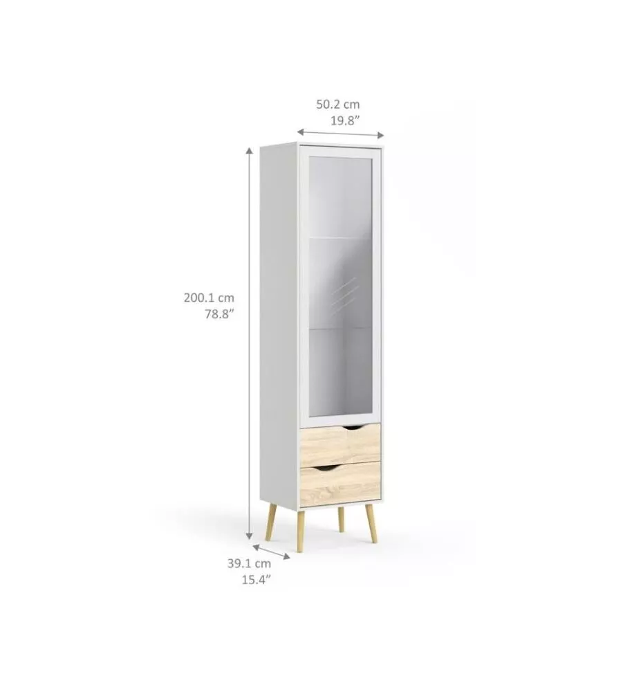 MOBILE VETRINA "OSLO" CON 1 ANTA IN VETRO E 2 CASSETTI COLORE BIANCO E ROVERE