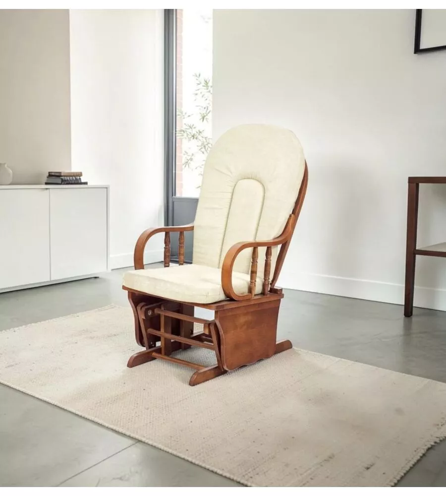 POLTRONA DONDOLO OSCILLANTE DA ALLATTAMENTO "DOUGLAS" LEGNO MASSELLO NOCE E CUSCINO BEIGE 68X50X107 CM