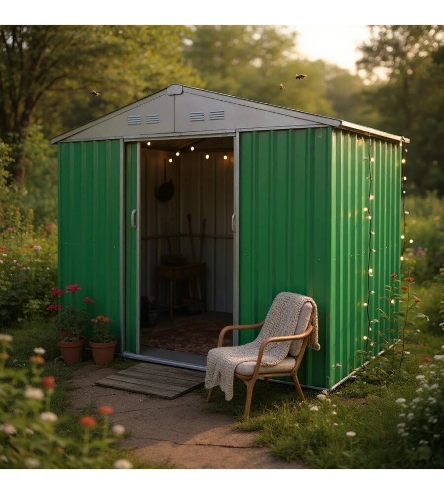 CASETTA DA ESTERNO IN LAMIERA ZINCATA DOMUS "S" VERDE CON PORTE SCORREVOLI 187X131X194 CM