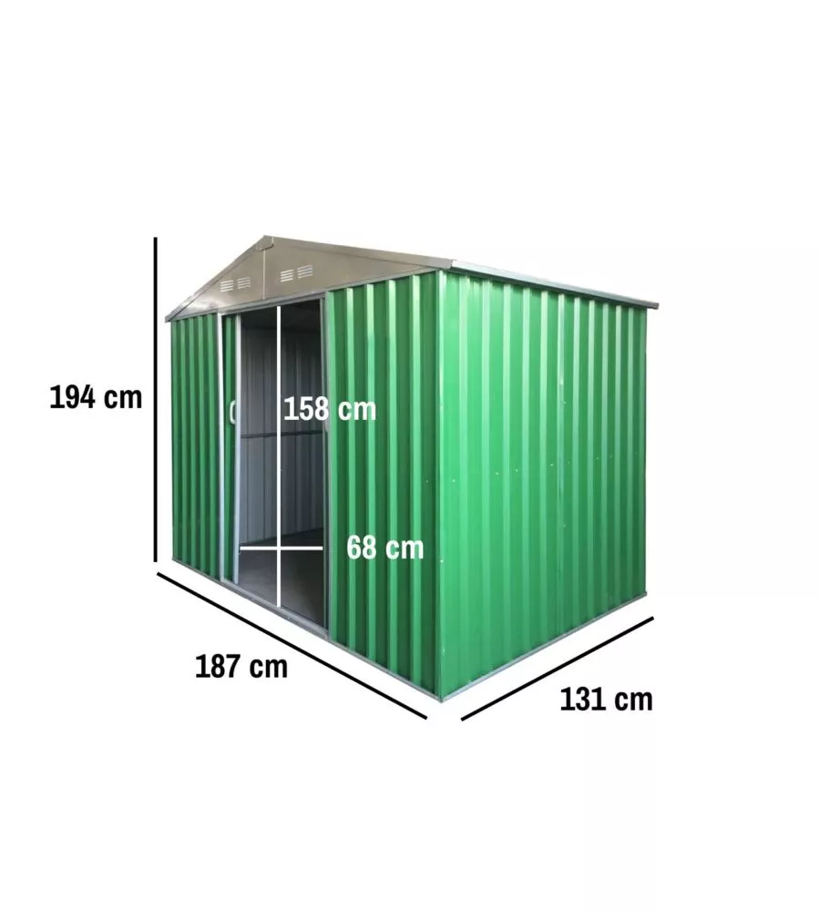 CASETTA DA GIARDINO IN LAMIERA ZINCATA DOMUS "S" VERDE CON PORTE SCORREVOLI 187X131X194 CM