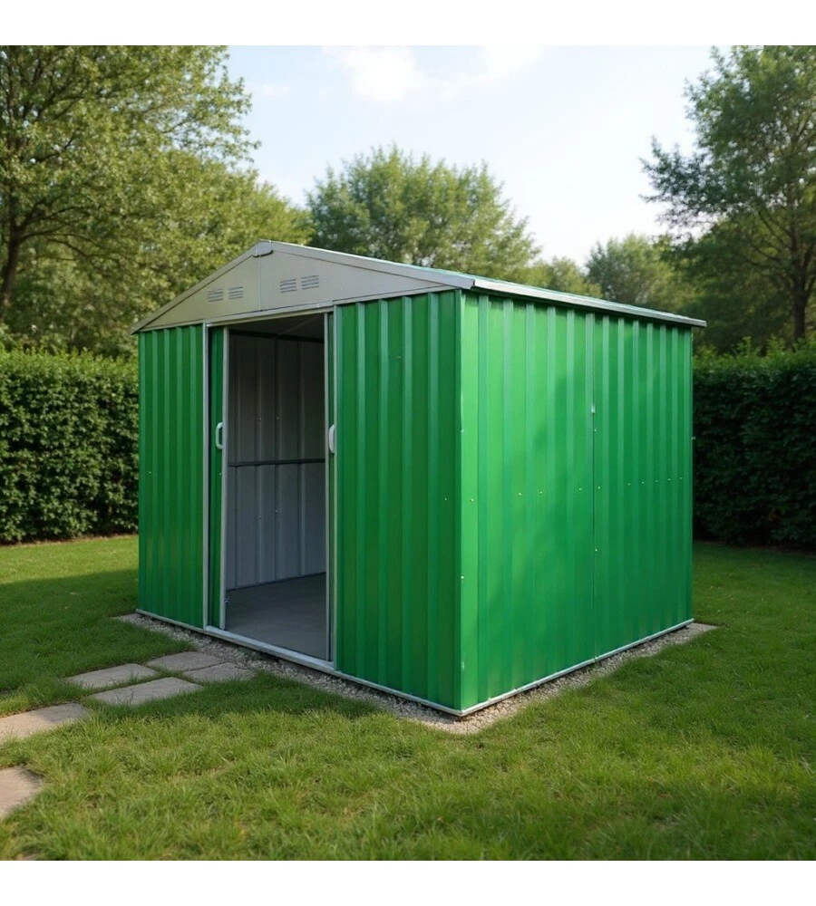 CASETTA DA ESTERNO IN LAMIERA ZINCATA DOMUS "M" VERDE CON PORTE SCORREVOLI 187X173X194 CM