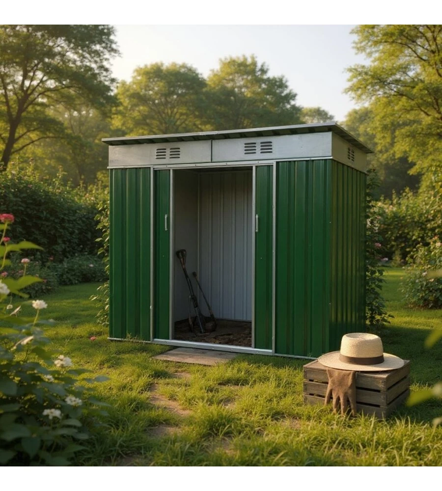 CASETTA IN LAMIERA ZINCATA DOMUS VERDE CON TETTO PIATO 173X145X200 CM