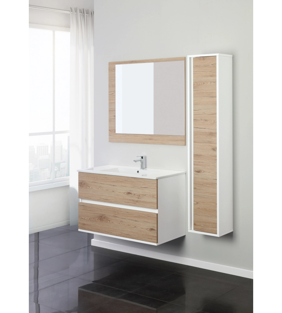 MOBILE BAGNO SOSPESO "FABULA" 2 CASSETTI BIANCO E ROVERE, 90X47X57 CM