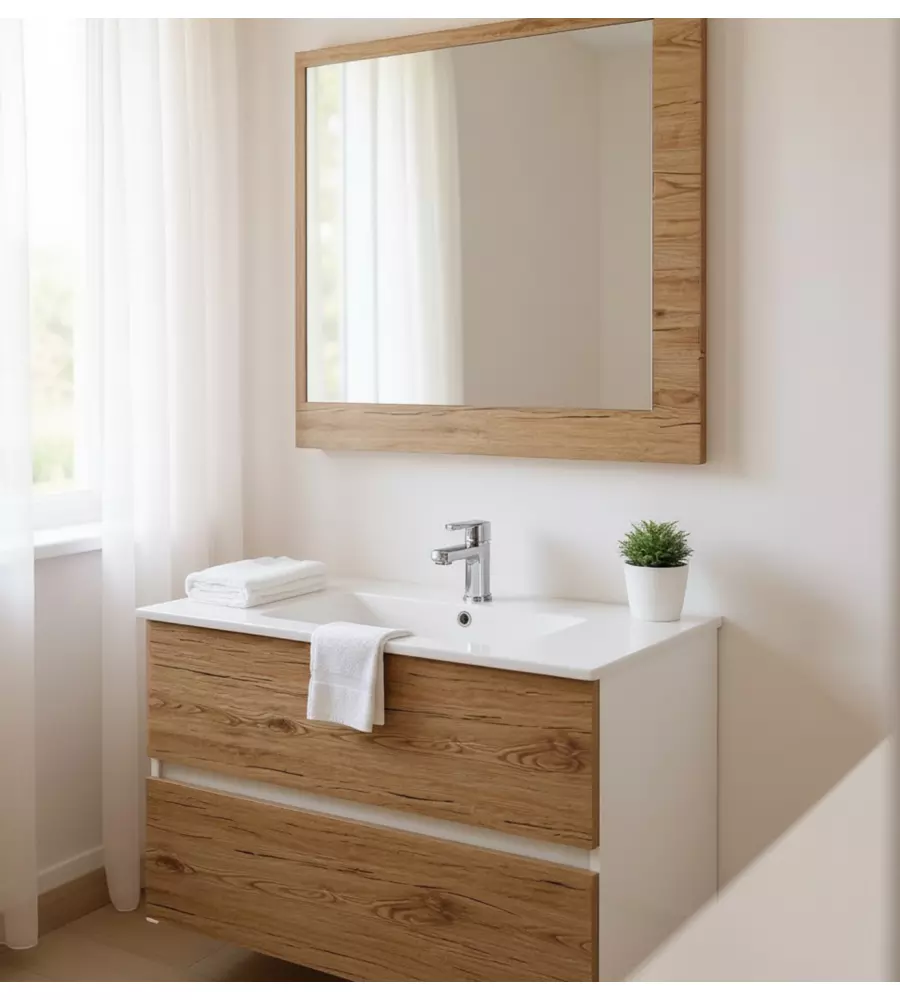 MOBILE BAGNO SOSPESO "FABULA" 2 CASSETTI BIANCO E ROVERE 90X47X57 CM
