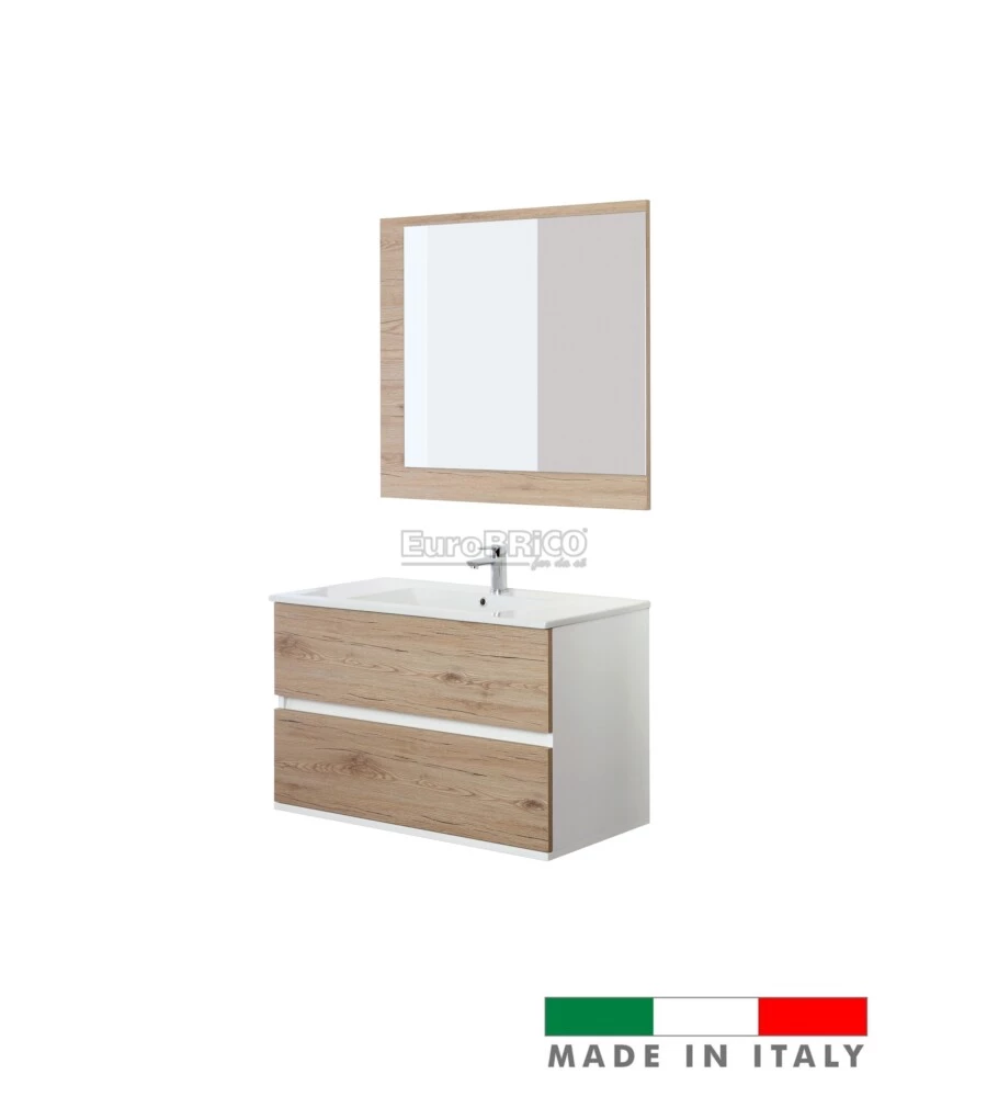 MOBILE BAGNO SOSPESO "FABULA" 2 CASSETTI BIANCO E ROVERE, 90X47X57 CM