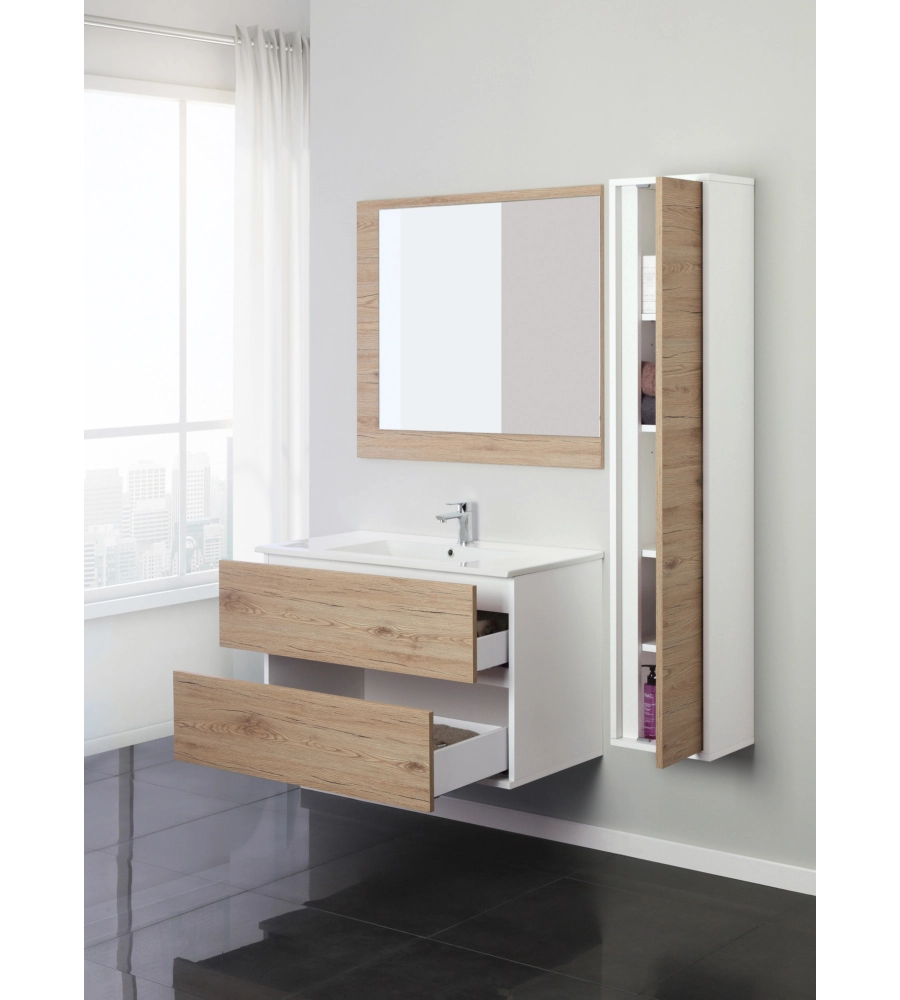 MOBILE BAGNO SOSPESO "FABULA" 2 CASSETTI BIANCO E ROVERE, 90X47X57 CM