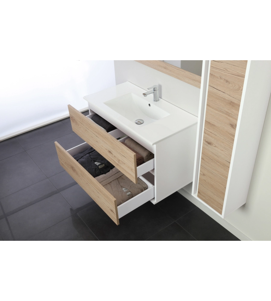 MOBILE BAGNO SOSPESO "FABULA" 2 CASSETTI BIANCO E ROVERE, 90X47X57 CM