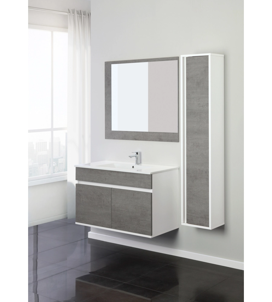 MOBILE BAGNO SOSPESO "FABULA" 2 ANTE BIANCO E CEMENTO, 90X47X57 CM