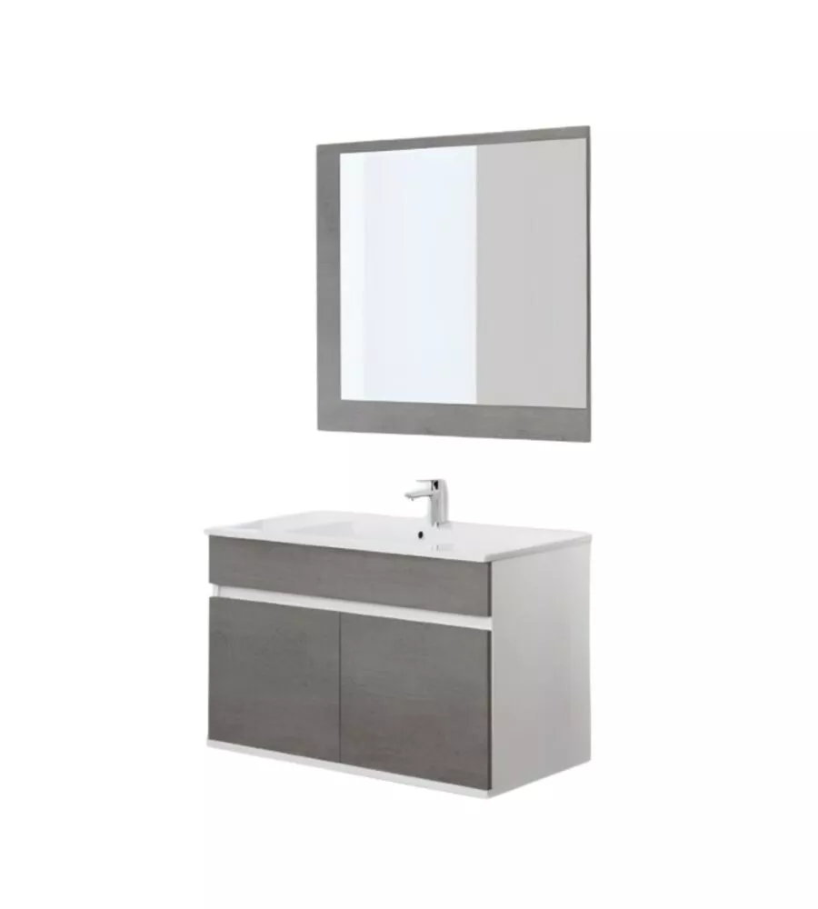 MOBILE BAGNO SOSPESO "FABULA" 2 ANTE BIANCO E CEMENTO, 90X47X57 CM