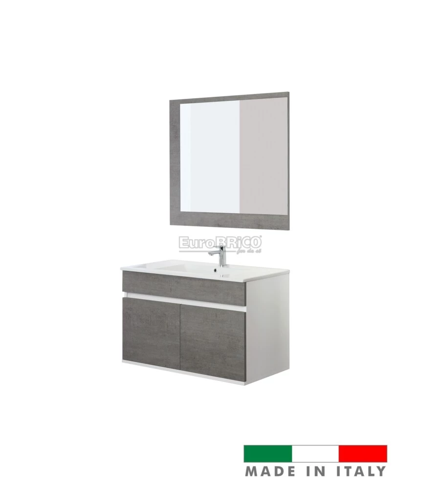 MOBILE BAGNO SOSPESO "FABULA" 2 ANTE BIANCO E CEMENTO, 90X47X57 CM
