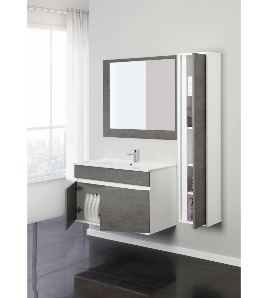 MOBILE BAGNO SOSPESO "FABULA" 2 ANTE BIANCO E CEMENTO, 90X47X57 CM