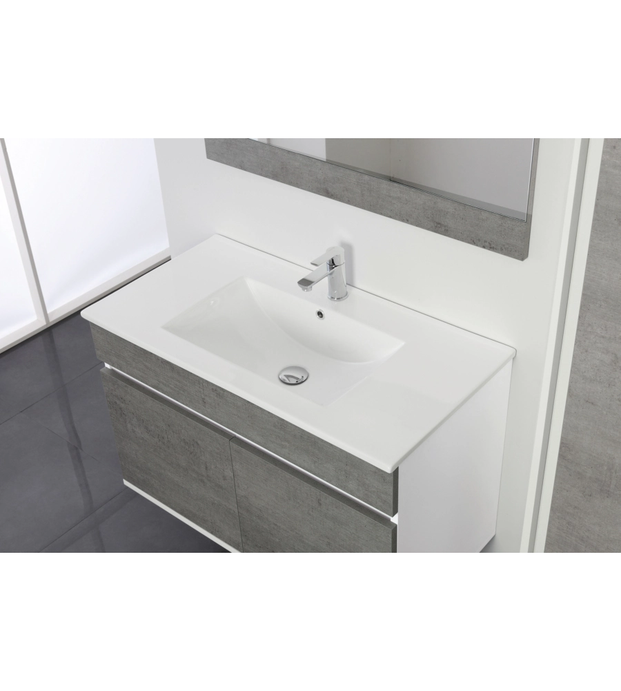 MOBILE BAGNO SOSPESO "FABULA" 2 ANTE BIANCO E CEMENTO, 90X47X57 CM
