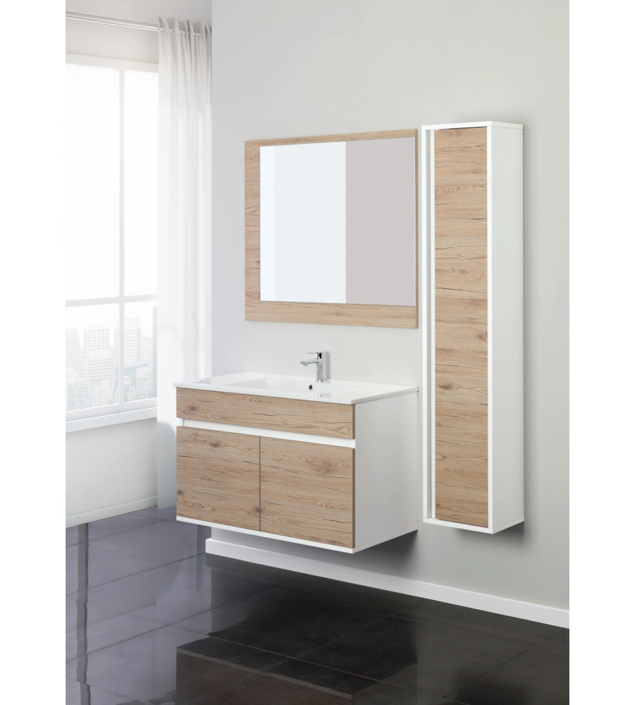 MOBILE BAGNO SOSPESO "FABULA" 2 ANTE BIANCO E ROVERE, 90X47X57 CM