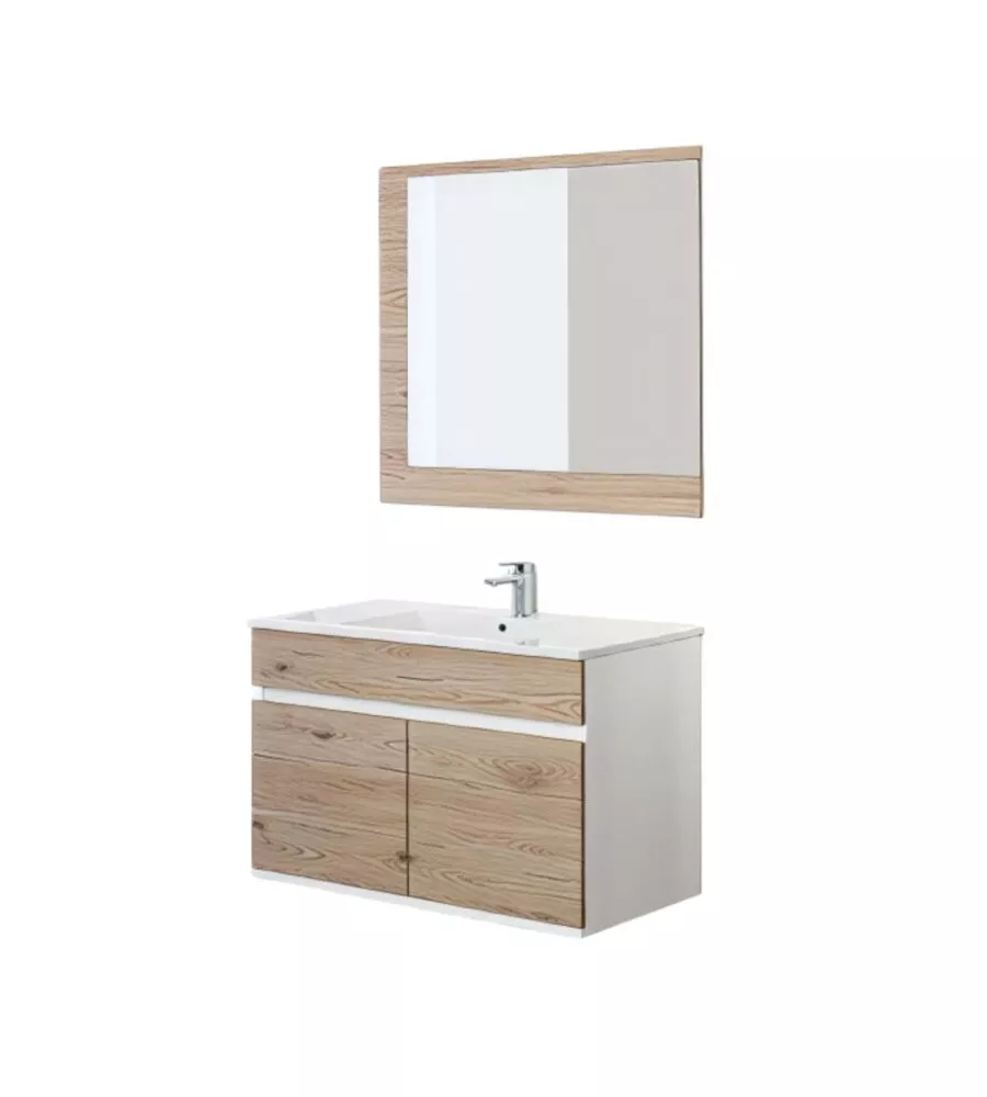 MOBILE BAGNO SOSPESO "FABULA" 2 ANTE BIANCO E ROVERE, 90X47X57 CM