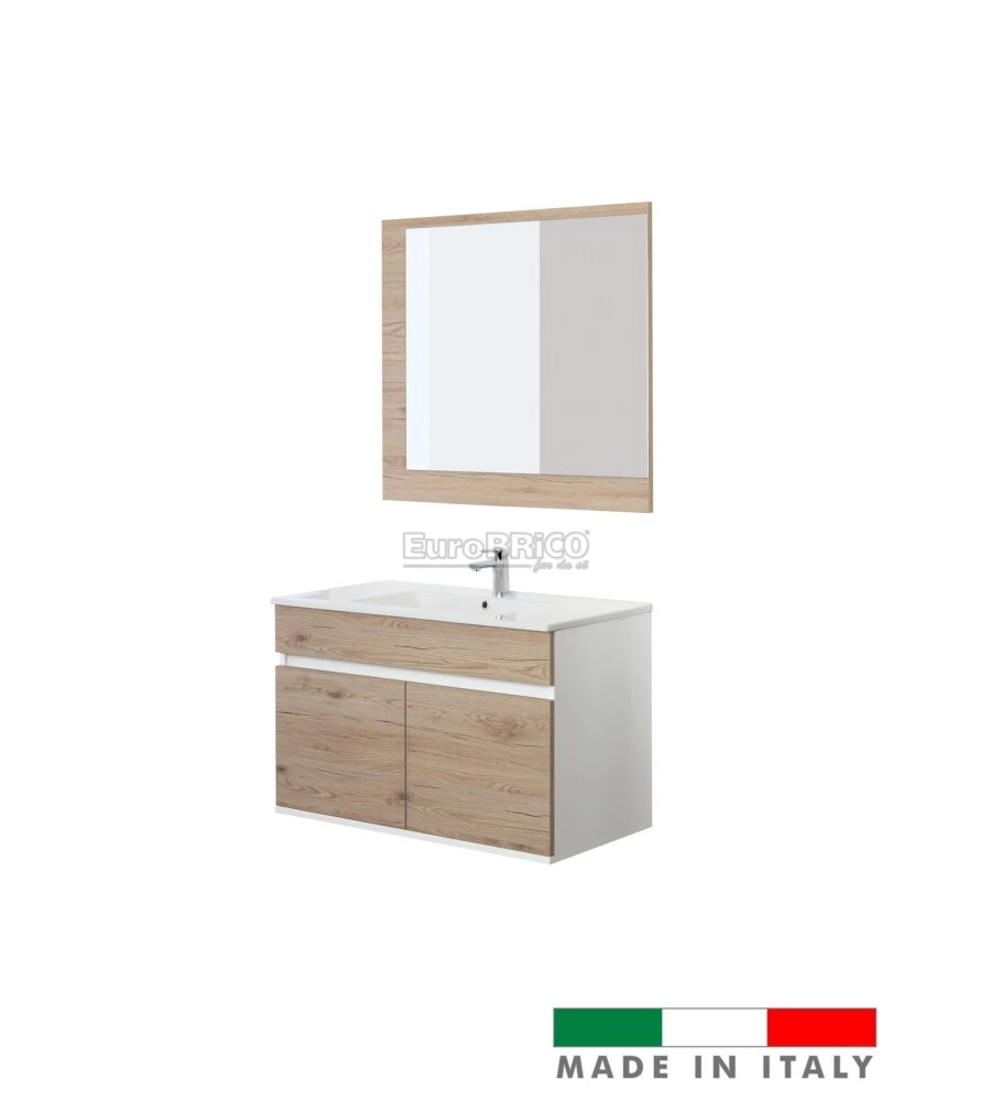 MOBILE BAGNO SOSPESO "FABULA" 2 ANTE BIANCO E ROVERE, 90X47X57 CM