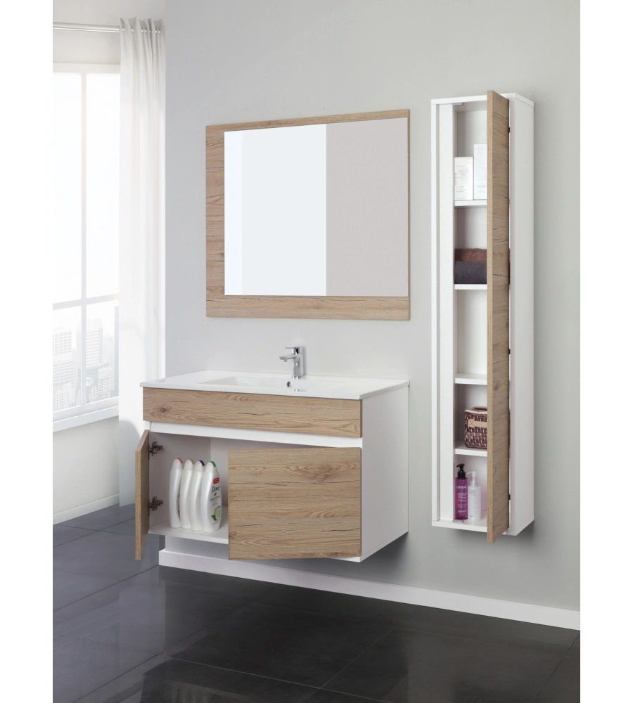 MOBILE BAGNO SOSPESO "FABULA" 2 ANTE BIANCO E ROVERE, 90X47X57 CM