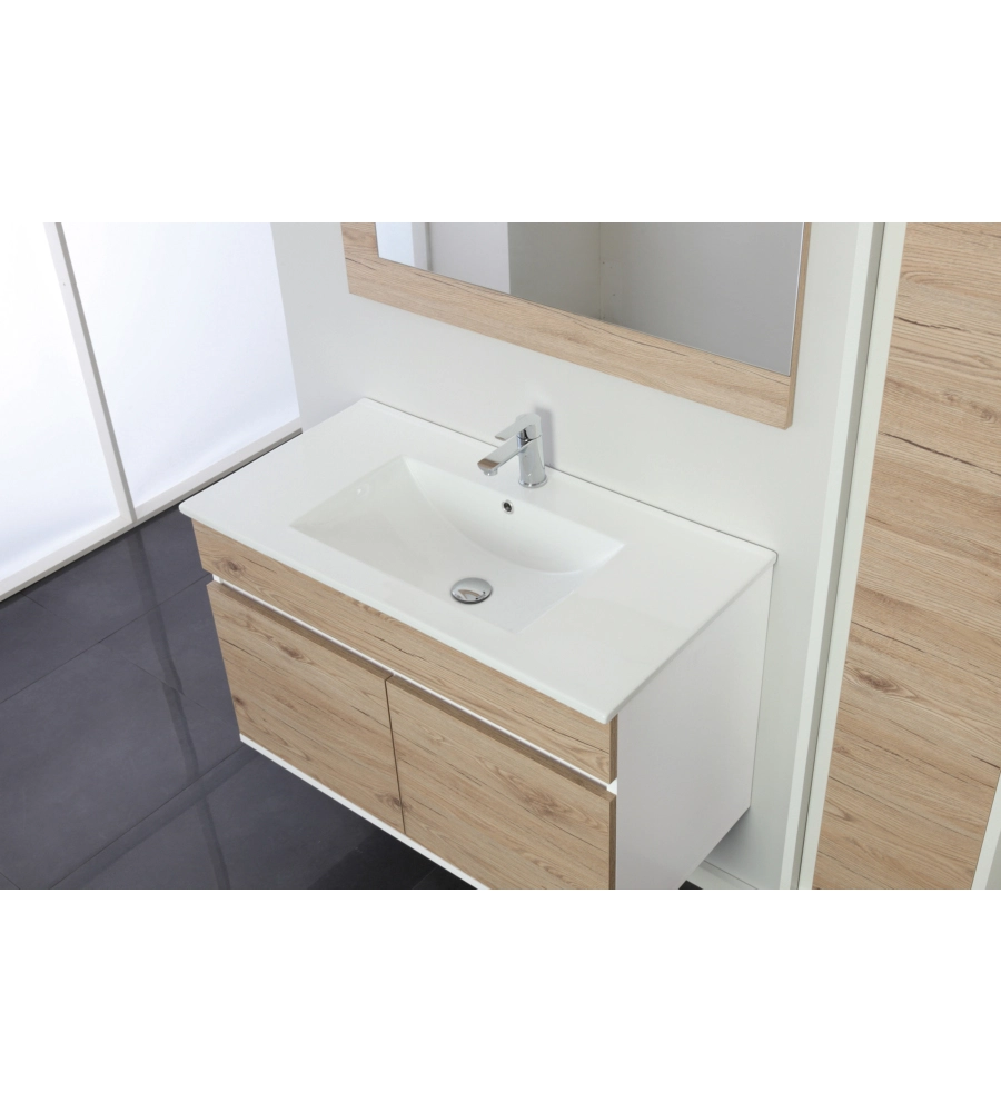 MOBILE BAGNO SOSPESO "FABULA" 2 ANTE BIANCO E ROVERE, 90X47X57 CM