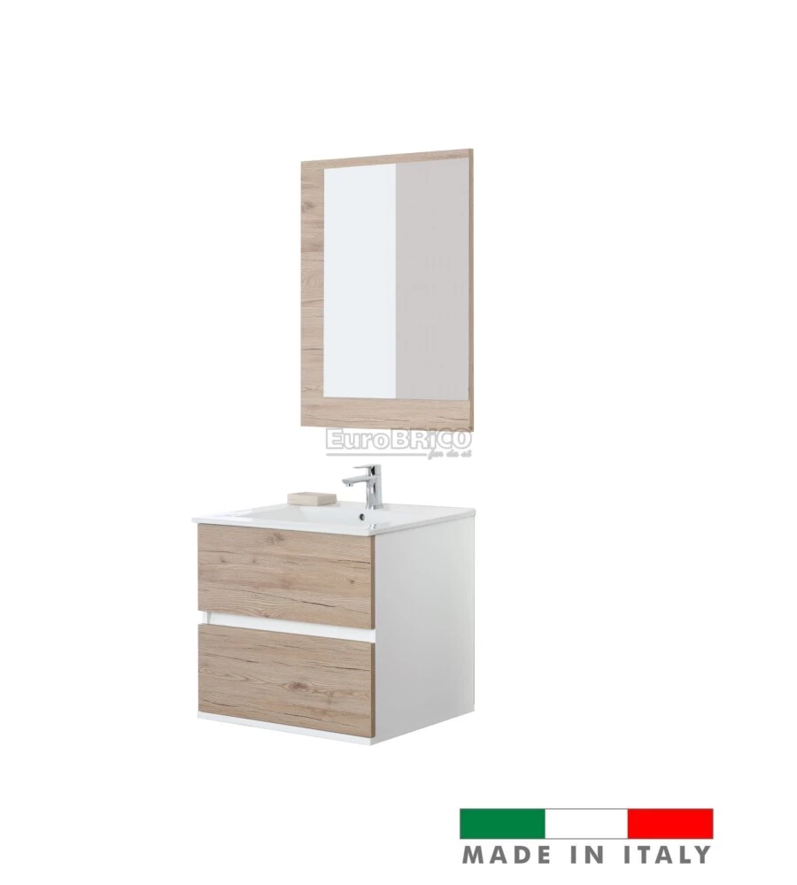 MOBILE BAGNO SOSPESO "FABULA" 2 CASSETTI BIANCO E ROVERE, 60X47X57 CM