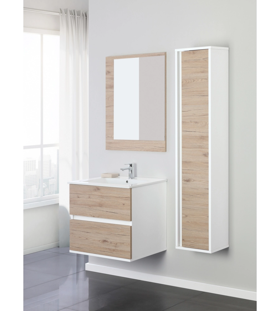 MOBILE BAGNO SOSPESO "FABULA" 2 CASSETTI BIANCO E ROVERE, 60X47X57 CM