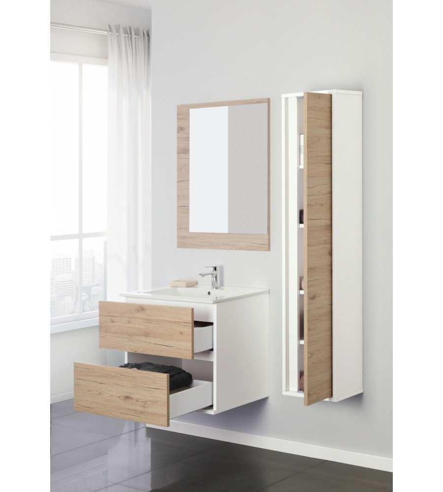MOBILE BAGNO SOSPESO "FABULA" 2 CASSETTI BIANCO E ROVERE, 60X47X57 CM