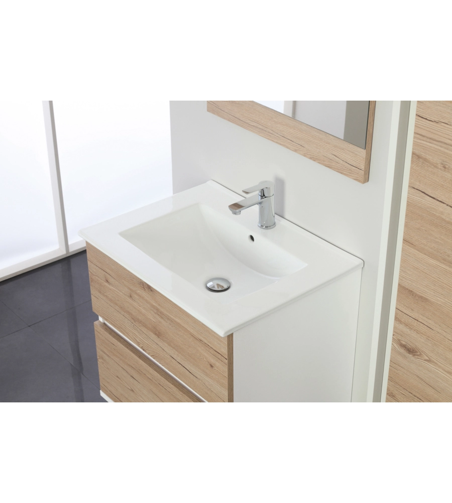 MOBILE BAGNO SOSPESO "FABULA" 2 CASSETTI BIANCO E ROVERE, 60X47X57 CM