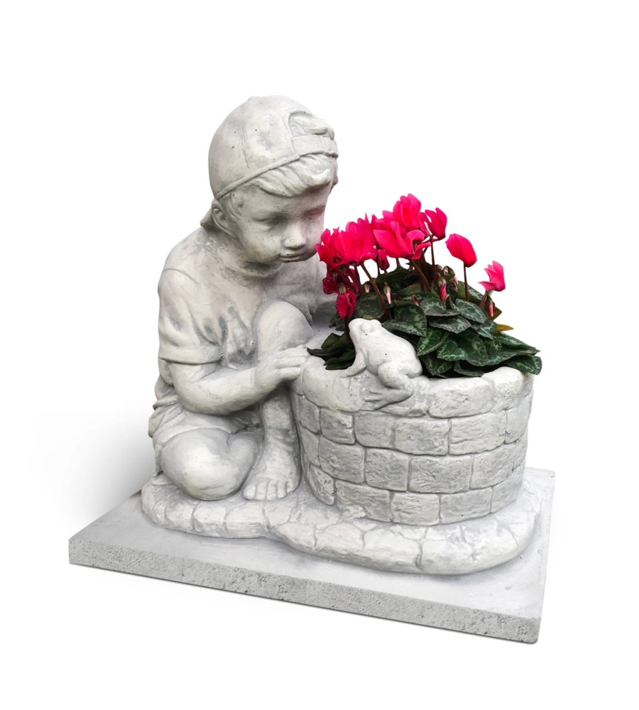 STATUA PORTA VASO DA GIARDINO "TOMMY" IN CEMENTO ANTICATO COLORE GRIGIO - 46x58x41 CM