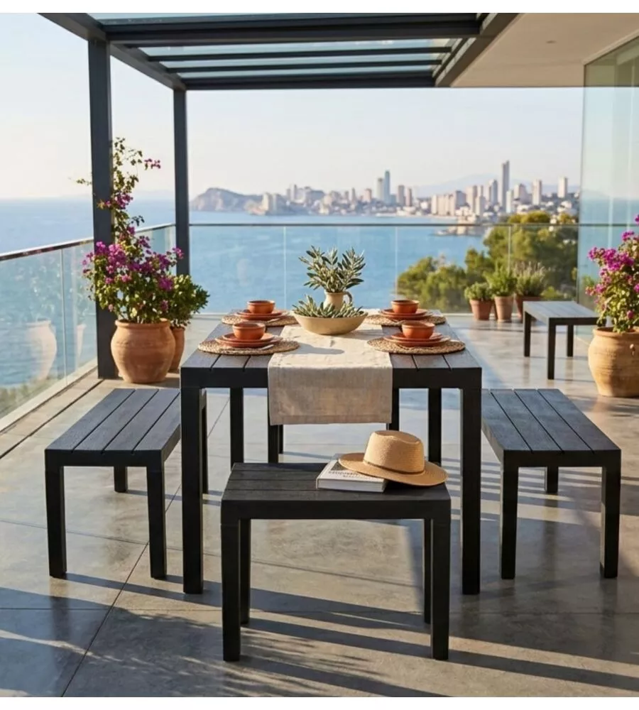 SET DA GIARDINO "SAMOA" IN POLIPROPILENE ANTRACITE 4 SEDUTE E TAVOLO