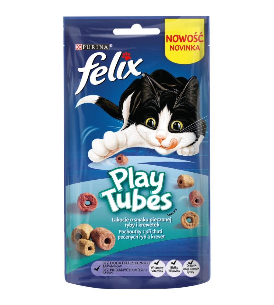 FELIX PLAYTUBES CON PESCI E GAMBERETTI ALIMENTO PER GATTI - 50 GRAMMI.