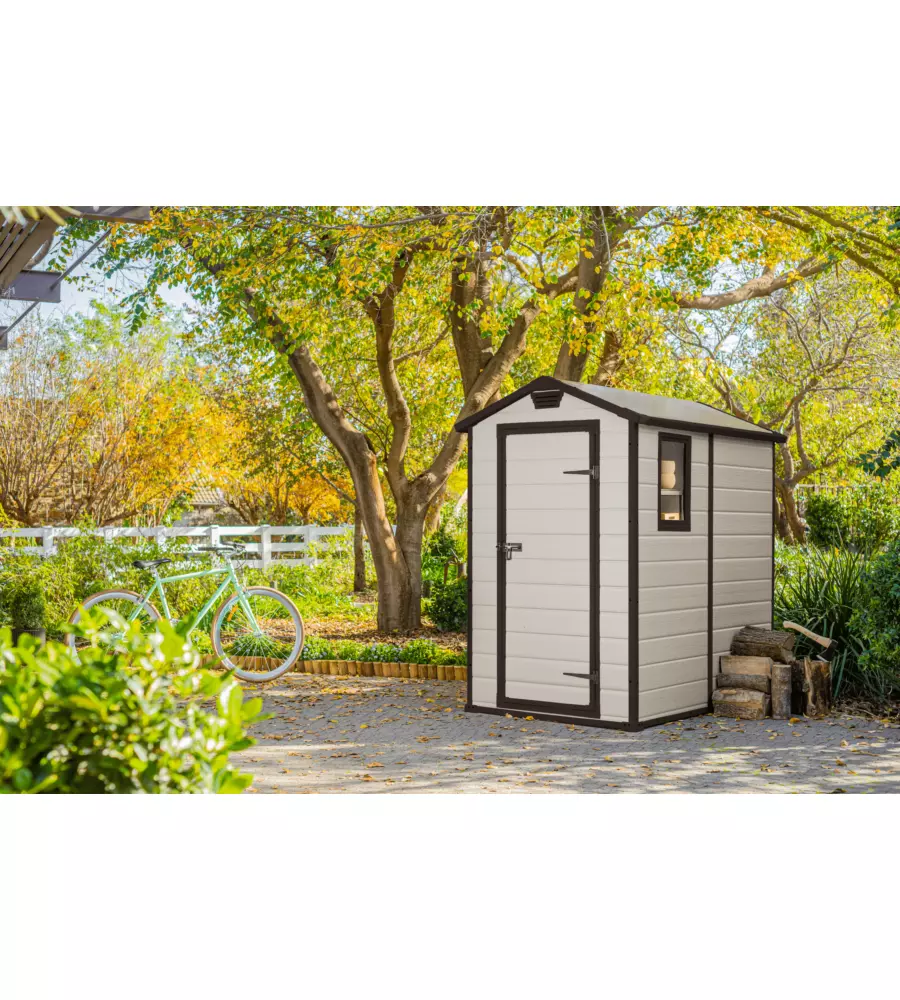 CASETTA DA GIARDINO KETER "MANOR 4x6" IN RESINA COLORE BEIGE CON PORTA BATTENTE SINGOLA 130X192X198 CM
