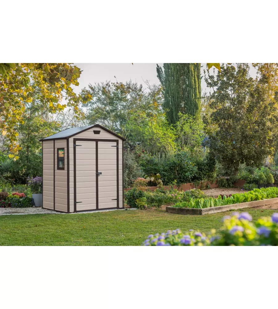 CASETTA DA GIARDINO KETER "MANOR 6x5" IN RESINA COLORE BEIGE CON PORTA BATTENTE DOPPIA 185X152X226 CM