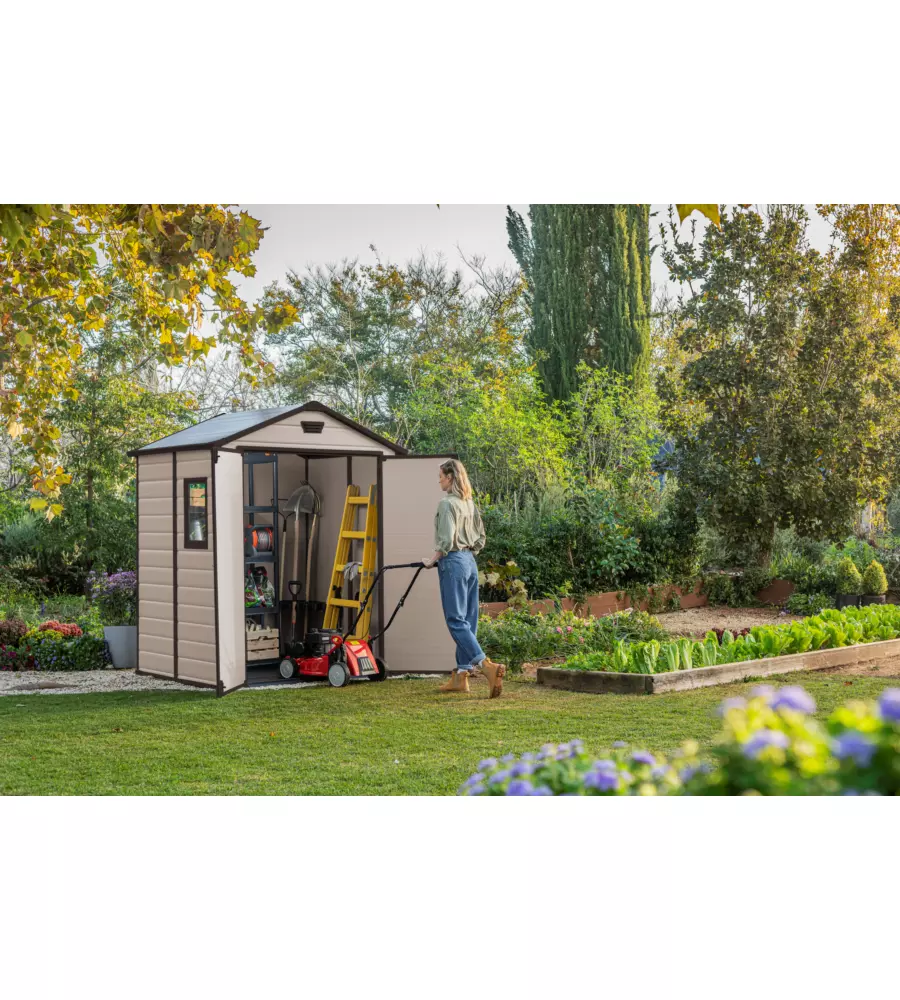 CASETTA DA GIARDINO KETER "MANOR 6x5" IN RESINA COLORE BEIGE CON PORTA BATTENTE DOPPIA 185X152X226 CM
