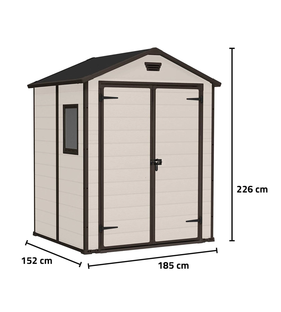 CASETTA DA GIARDINO KETER "MANOR 6x5" IN RESINA COLORE BEIGE CON PORTA BATTENTE DOPPIA 185X152X226 CM