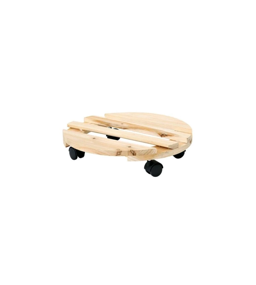 CARRELLO DA ESTERNO PORTA VASO TROLLEY ROTONDO IN LEGNO NATURALE, DIAMETRO 30 CM
